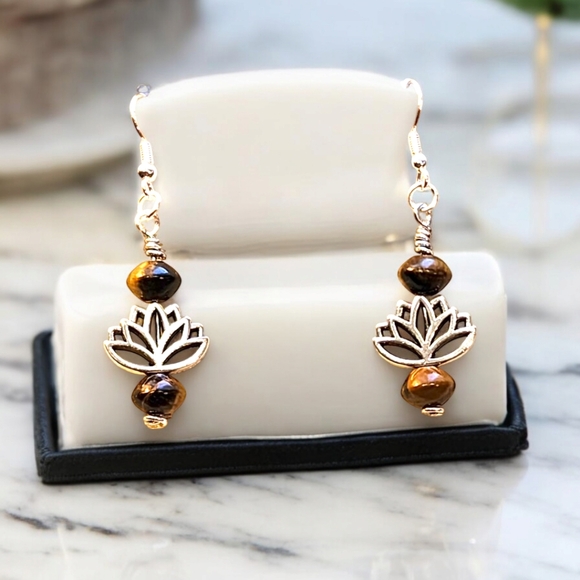 Hand Crafted Jewelry - Handmade Lotus and Brown Glass earrings